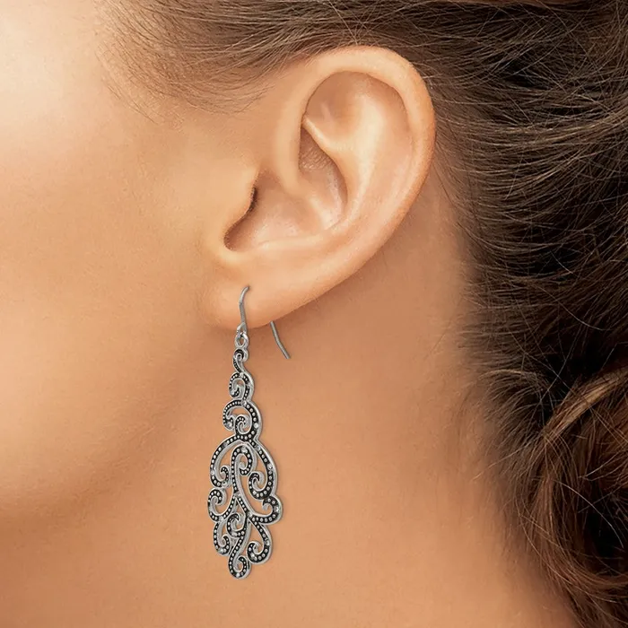 TreasureFineJewelers Earrings Stainless Steel Antiqued Polished Crystal Shepherd Hook Earrings