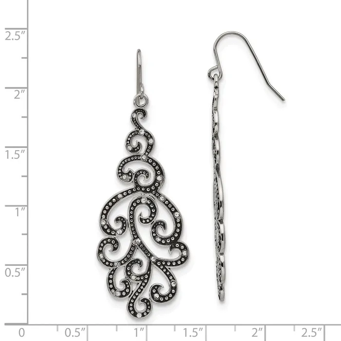 TreasureFineJewelers Earrings Stainless Steel Antiqued Polished Crystal Shepherd Hook Earrings
