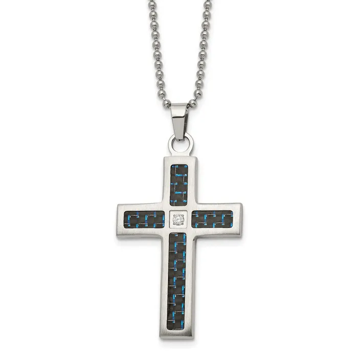 TreasureFineJewelers Necklaces Chisel Stainless Steel Brushedand Polished Black and Blue Carbon Fiber Inlay with CZ Cross Pendant on a 22 inch Ball Chain Necklace TreasureFineJewelers Necklaces Chisel Stainless Steel Brushedand Polished Black and Blue Carbon Fiber Inlay with CZ Cross Pendant on a 22 inch Ball Chain Necklace