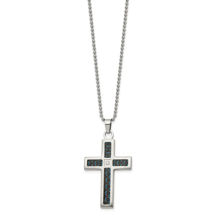 TreasureFineJewelers Necklaces Chisel Stainless Steel Brushedand Polished Black and Blue Carbon Fiber Inlay with CZ Cross Pendant on a 22 inch Ball Chain Necklace