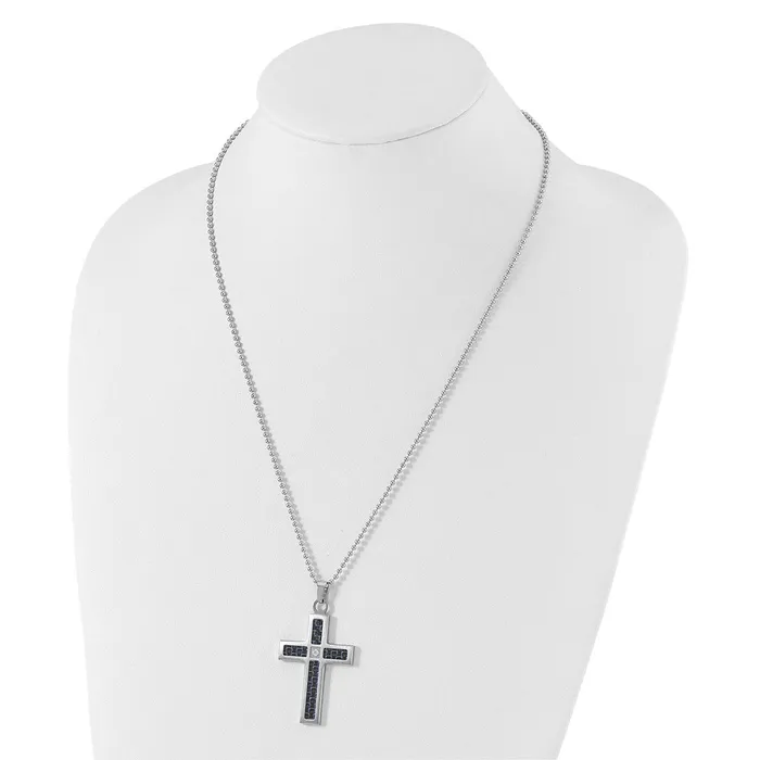 TreasureFineJewelers Necklaces Chisel Stainless Steel Brushedand Polished Black and Blue Carbon Fiber Inlay with CZ Cross Pendant on a 22 inch Ball Chain Necklace