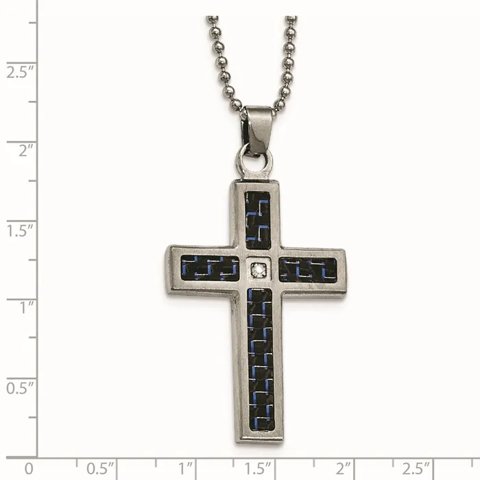 TreasureFineJewelers Necklaces Chisel Stainless Steel Brushedand Polished Black and Blue Carbon Fiber Inlay with CZ Cross Pendant on a 22 inch Ball Chain Necklace