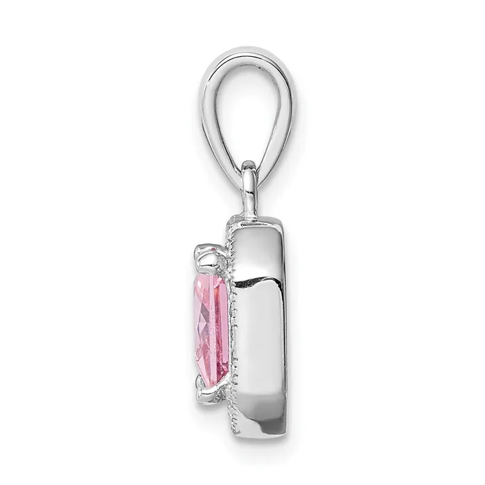 TreasureFineJewelers Necklaces Sterling Silver Rhodium Plated Clear CZ and Square Pink CZ Pendant
