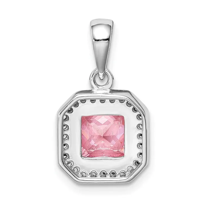 TreasureFineJewelers Necklaces Sterling Silver Rhodium Plated Clear CZ and Square Pink CZ Pendant