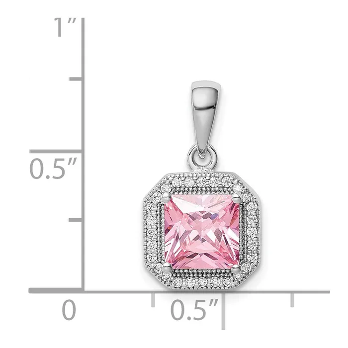 TreasureFineJewelers Necklaces Sterling Silver Rhodium Plated Clear CZ and Square Pink CZ Pendant
