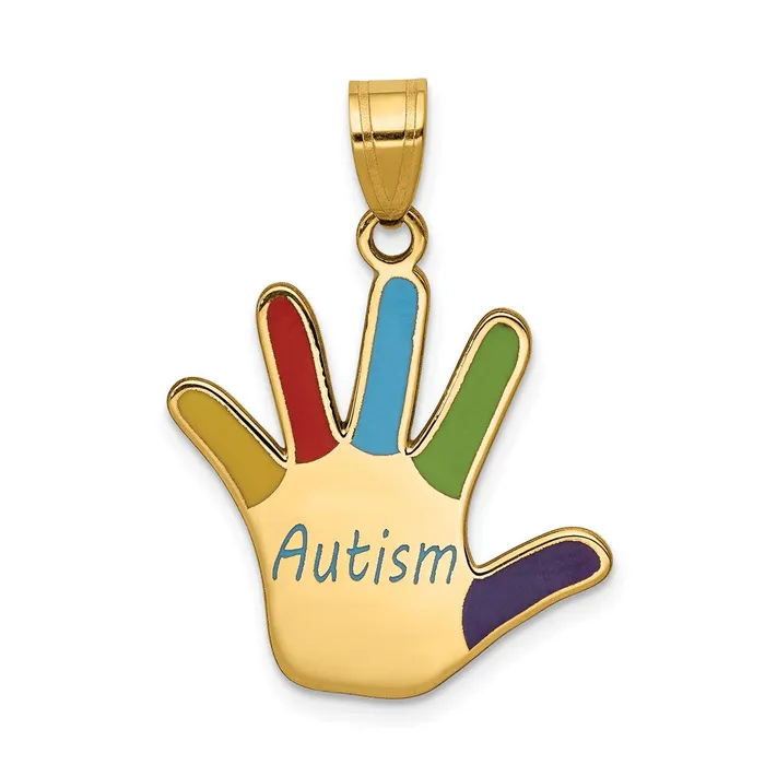 TreasureFineJewelers PreStyled Sets 14k Yellow Gold Enameled AUTISM Handprint Pendant TreasureFineJewelers PreStyled Sets 14k Yellow Gold Enameled AUTISM Handprint Pendant