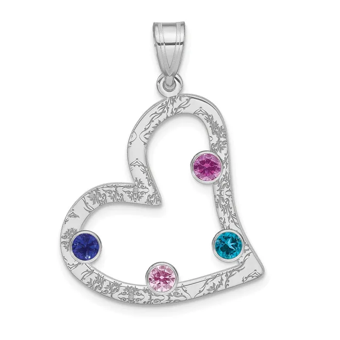 TreasureFineJewelers SSRhodiumplated 4 Birthstone Heart with SS Bezel Family Pendant Necklaces