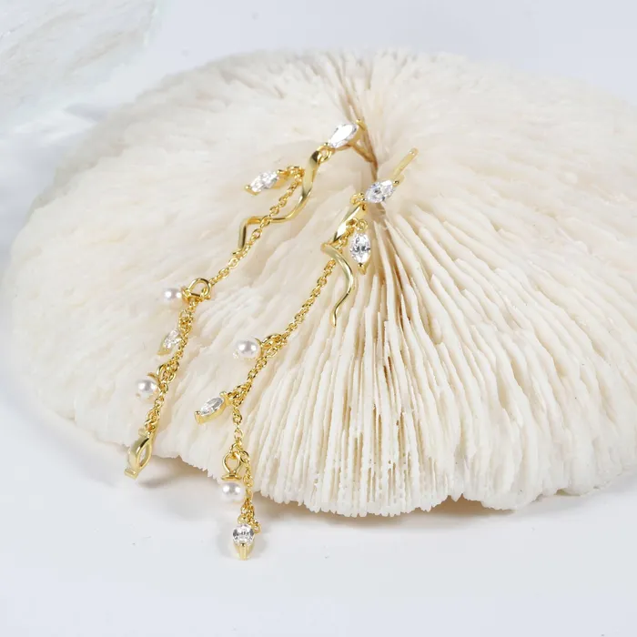 Trendolla Jewelry Earrings Leaf Tassel Pearl Drop Earrings Natures Grace Collection