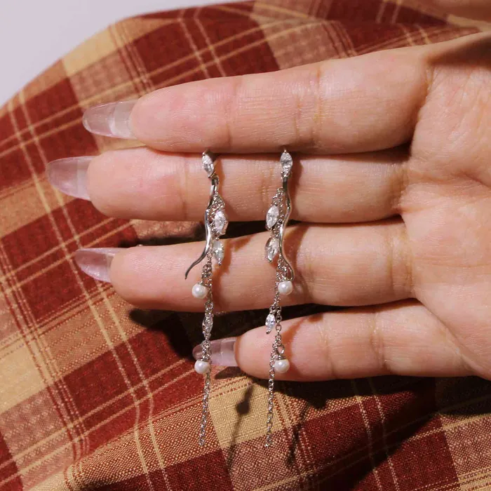 Trendolla Jewelry Earrings Leaf Tassel Pearl Drop Earrings Natures Grace Collection