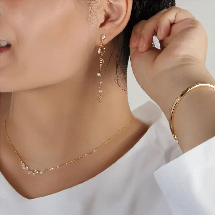 Trendolla Jewelry Earrings Leaf Tassel Pearl Drop Earrings Natures Grace Collection