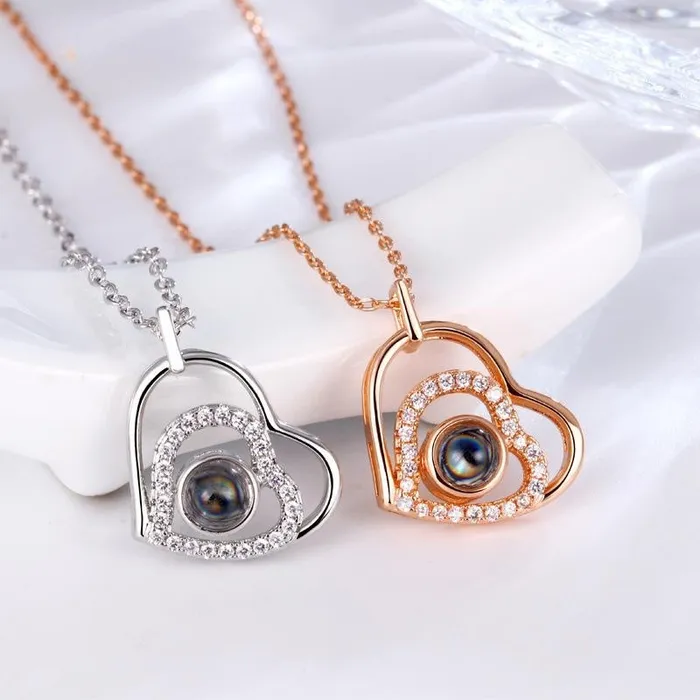 Trendolla Jewelry Necklaces Zirconia Heart Pendant Projection Necklace with Picture inside