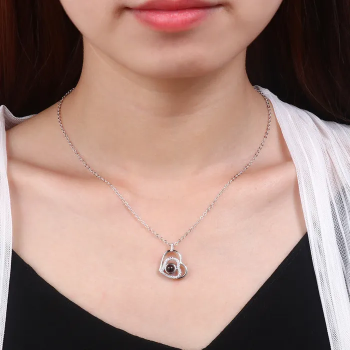 Trendolla Jewelry Necklaces Zirconia Heart Pendant Projection Necklace with Picture inside