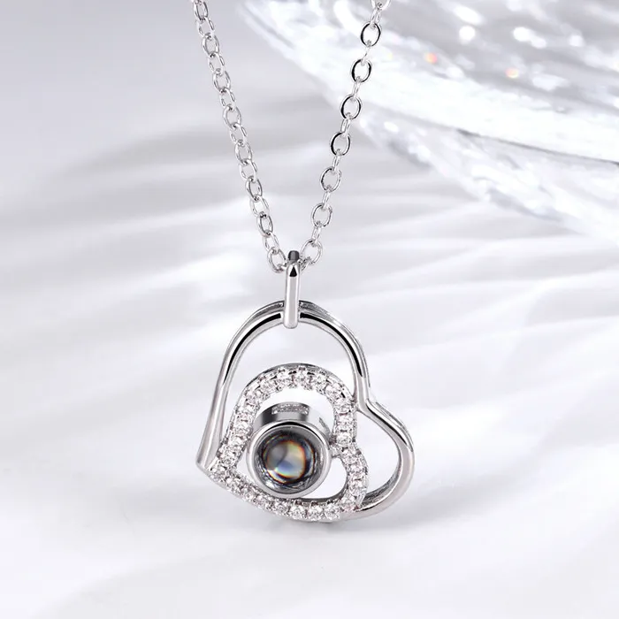 Trendolla Jewelry Necklaces Zirconia Heart Pendant Projection Necklace with Picture inside