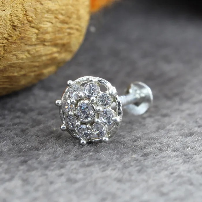 Earrings Karizma Jewels Small Wheel Style 925 Silver White CZ Studded Screw Nose Stud Earrings Karizma Jewels Small Wheel Style 925 Silver White CZ Studded Screw Nose Stud