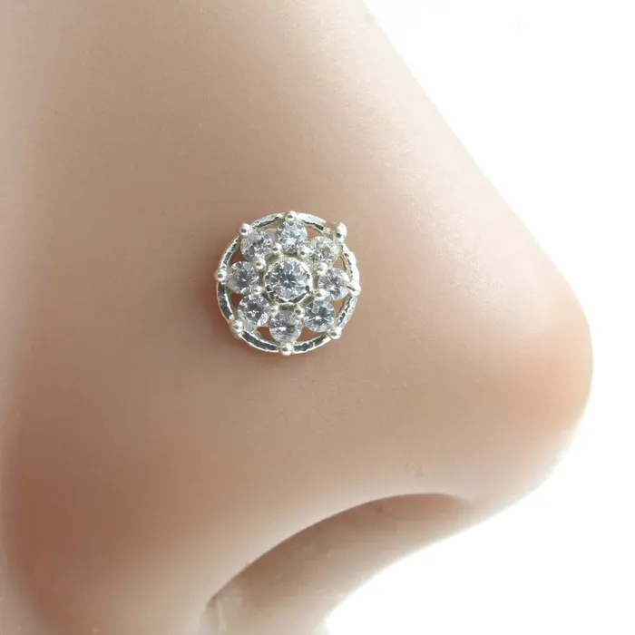Earrings Karizma Jewels Small Wheel Style 925 Silver White CZ Studded Screw Nose Stud