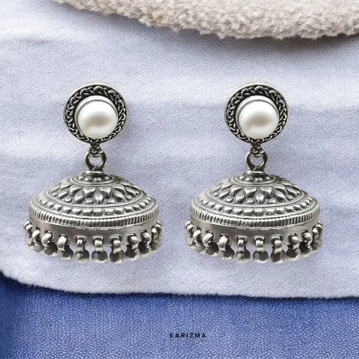 Earrings Real 925 Sterling Silver Oxidized Pearl Jhumki Women Earrings Karizma Jewels