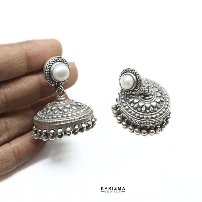 Earrings Real 925 Sterling Silver Oxidized Pearl Jhumki Women Earrings Karizma Jewels