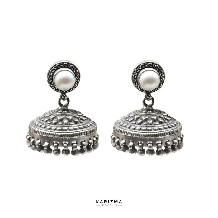 Earrings Real 925 Sterling Silver Oxidized Pearl Jhumki Women Earrings Karizma Jewels