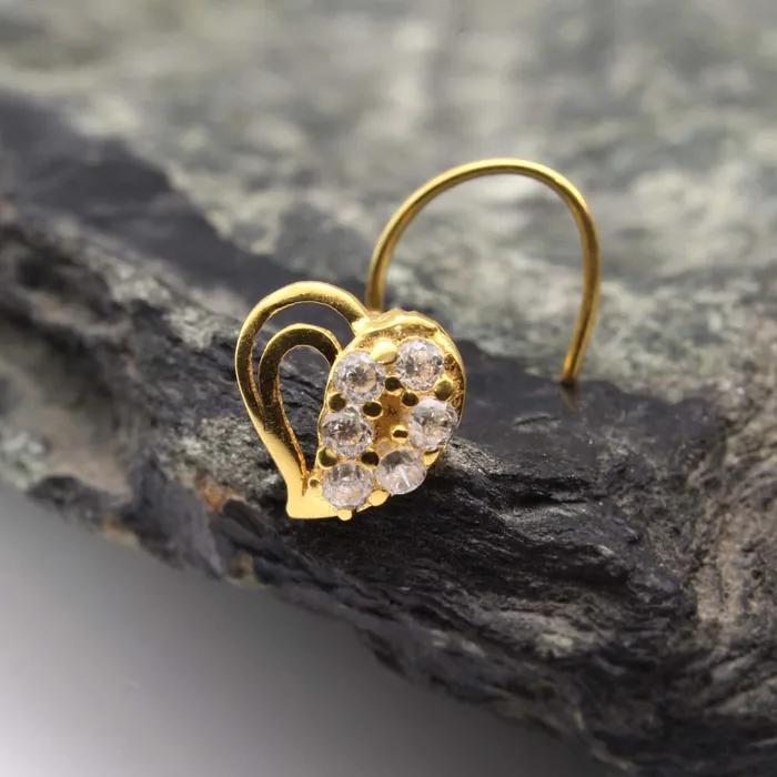 Karizma Jewels Earrings Little Heart 14K Real Gold White CZ Twisted Nose Stud 24g Karizma Jewels Earrings Little Heart 14K Real Gold White CZ Twisted Nose Stud 24g