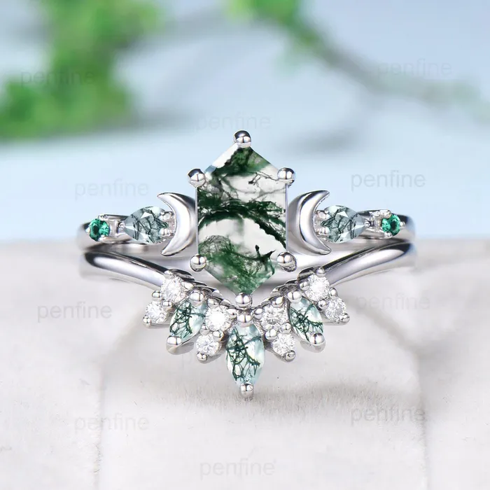 Magic crescent moon moss gate ring set unique long hexagon moss agate engagement ring art deco emerald wedding ring set vintage bridal set PENFINE Rings Magic crescent moon moss gate ring set unique long hexagon moss agate engagement ring art deco emerald wedding ring set vintage bridal set PENFINE Rings