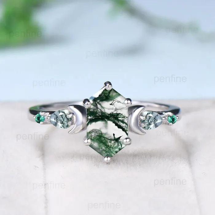 Magic crescent moon moss gate ring set unique long hexagon moss agate engagement ring art deco emerald wedding ring set vintage bridal set PENFINE Rings Magic crescent moon moss gate ring set unique long hexagon moss agate engagement ring art deco emerald wedding ring set vintage bridal set PENFINE Rings