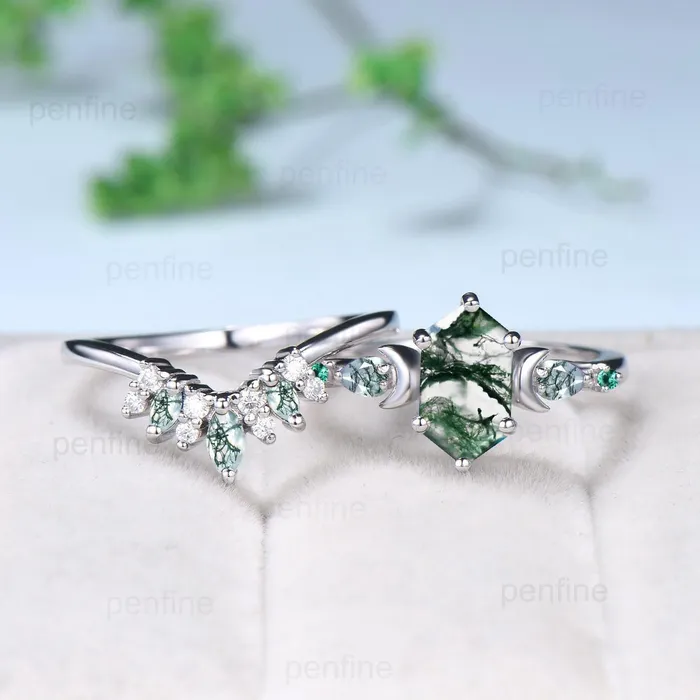 Magic crescent moon moss gate ring set unique long hexagon moss agate engagement ring art deco emerald wedding ring set vintage bridal set PENFINE Rings Magic crescent moon moss gate ring set unique long hexagon moss agate engagement ring art deco emerald wedding ring set vintage bridal set PENFINE Rings