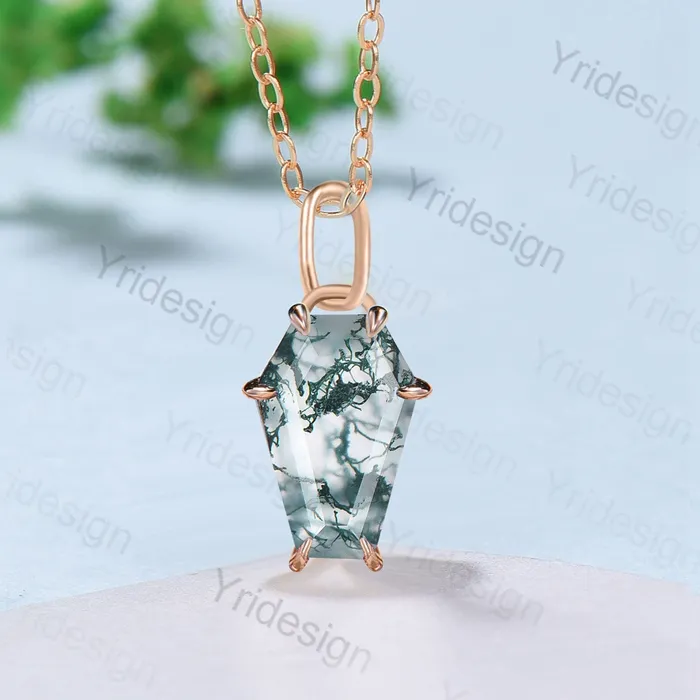 PENFINE Necklaces Coffin natural moss agate necklace solid 14k 18k rose gold vintage unique Personalized pendant anniversary bridal gift for women PENFINE Necklaces Coffin natural moss agate necklace solid 14k 18k rose gold vintage unique Personalized pendant anniversary bridal gift for women