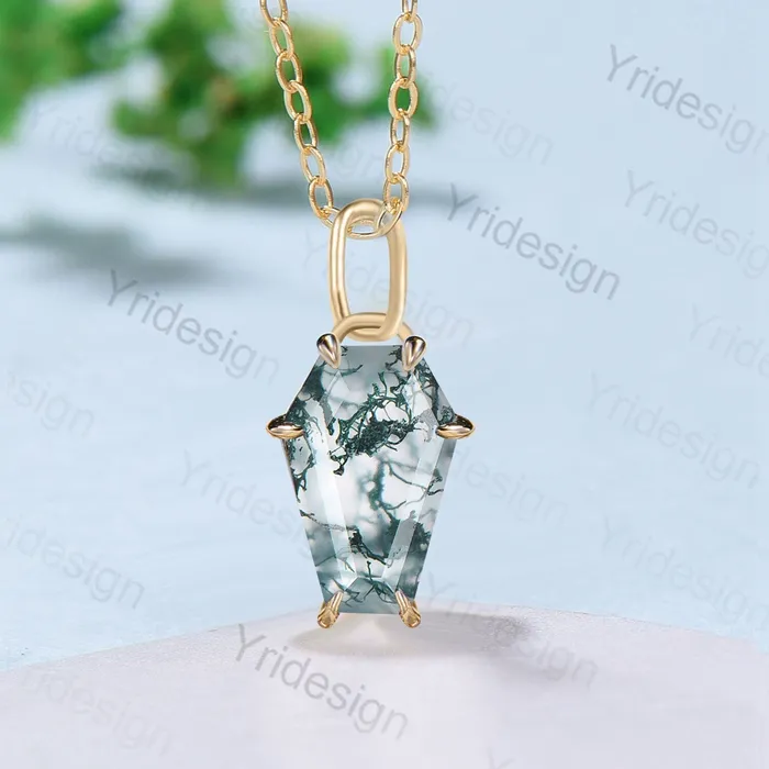 PENFINE Necklaces Coffin natural moss agate necklace solid 14k 18k rose gold vintage unique Personalized pendant anniversary bridal gift for women PENFINE Necklaces Coffin natural moss agate necklace solid 14k 18k rose gold vintage unique Personalized pendant anniversary bridal gift for women