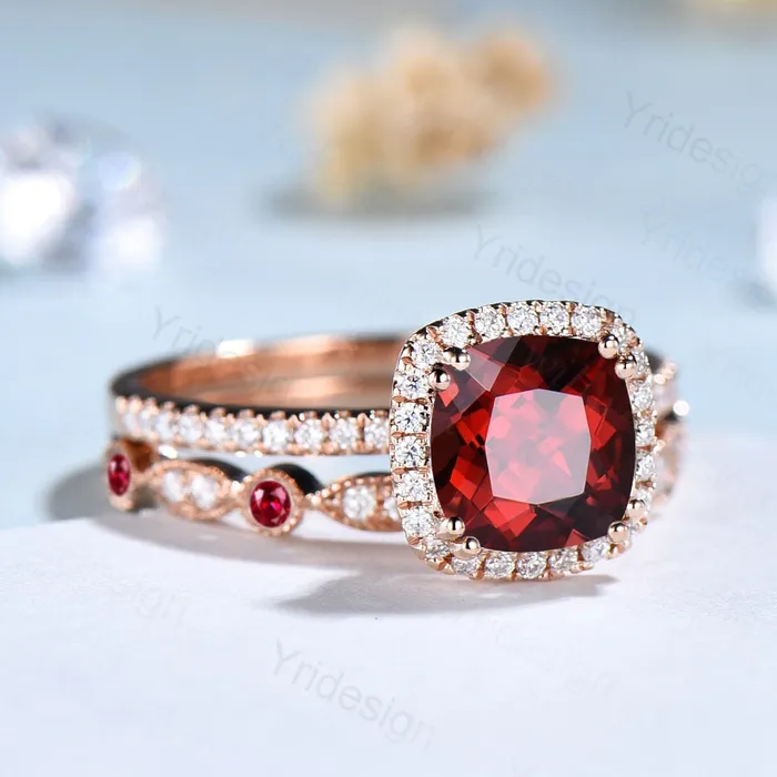 PENFINE Rings Cushion cut garnet wedding ring set 14k rose gold vintage antique garnet engagement ring set for women Art deco halo diamond bridal set