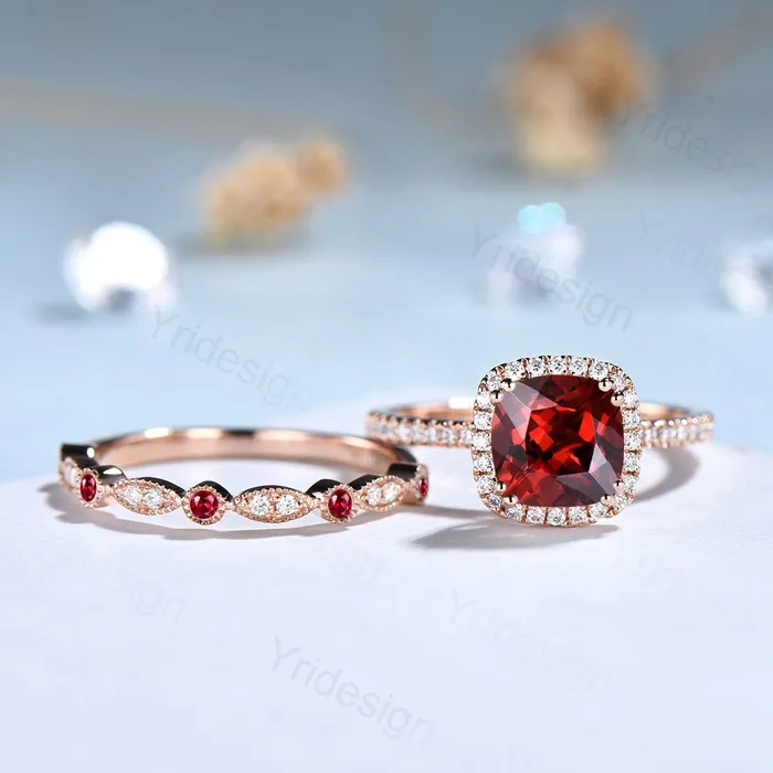 PENFINE Rings Cushion cut garnet wedding ring set 14k rose gold vintage antique garnet engagement ring set for women Art deco halo diamond bridal set