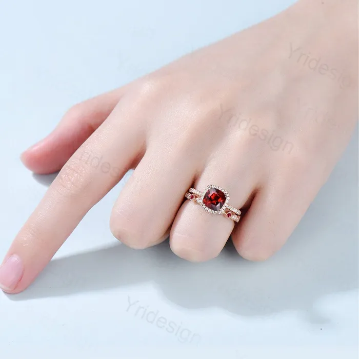 PENFINE Rings Cushion cut garnet wedding ring set 14k rose gold vintage antique garnet engagement ring set for women Art deco halo diamond bridal set