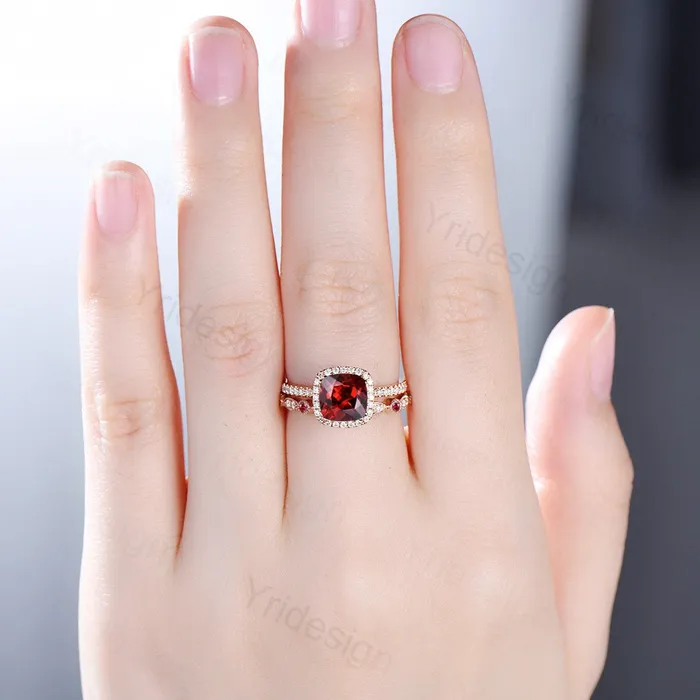 PENFINE Rings Cushion cut garnet wedding ring set 14k rose gold vintage antique garnet engagement ring set for women Art deco halo diamond bridal set