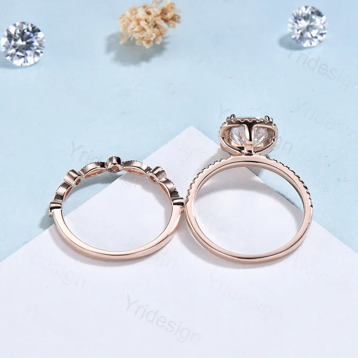 PENFINE Rings Cushion cut garnet wedding ring set 14k rose gold vintage antique garnet engagement ring set for women Art deco halo diamond bridal set
