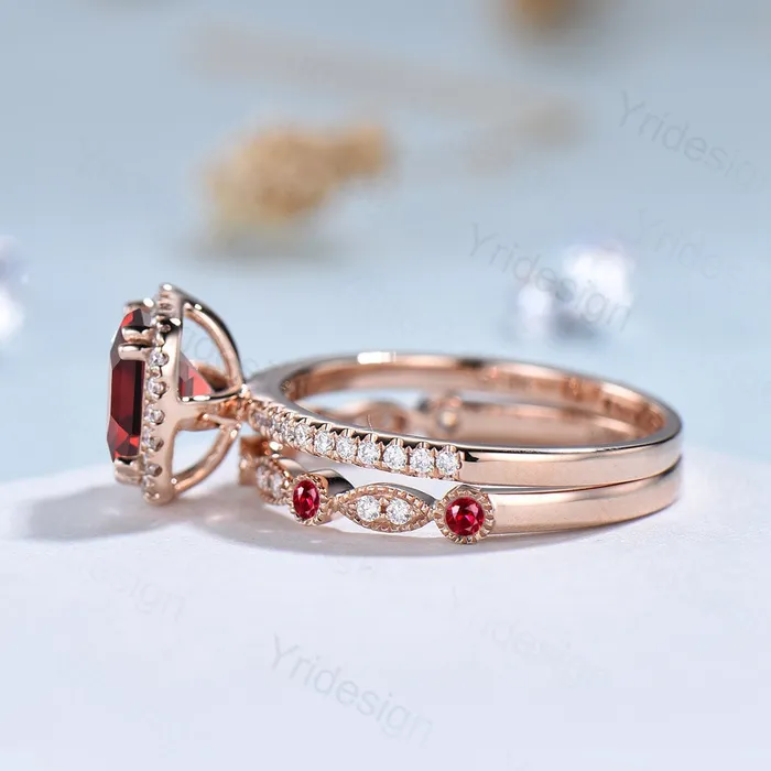 PENFINE Rings Cushion cut garnet wedding ring set 14k rose gold vintage antique garnet engagement ring set for women Art deco halo diamond bridal set
