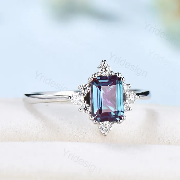 PENFINE Rings Elegant Emerald Cut Alexandrite Engagement Ring 14K White Gold Unique Vintage Alexandrite Moissanite Wedding Ring For Women June Birthstone PENFINE Rings Elegant Emerald Cut Alexandrite Engagement Ring 14K White Gold Unique Vintage Alexandrite Moissanite Wedding Ring For Women June Birthstone