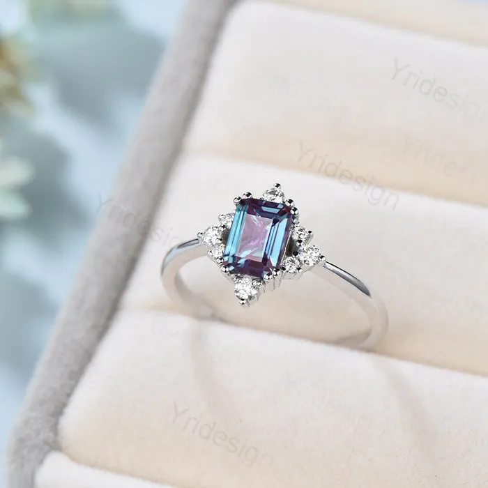 PENFINE Rings Elegant Emerald Cut Alexandrite Engagement Ring 14K White Gold Unique Vintage Alexandrite Moissanite Wedding Ring For Women June Birthstone PENFINE Rings Elegant Emerald Cut Alexandrite Engagement Ring 14K White Gold Unique Vintage Alexandrite Moissanite Wedding Ring For Women June Birthstone
