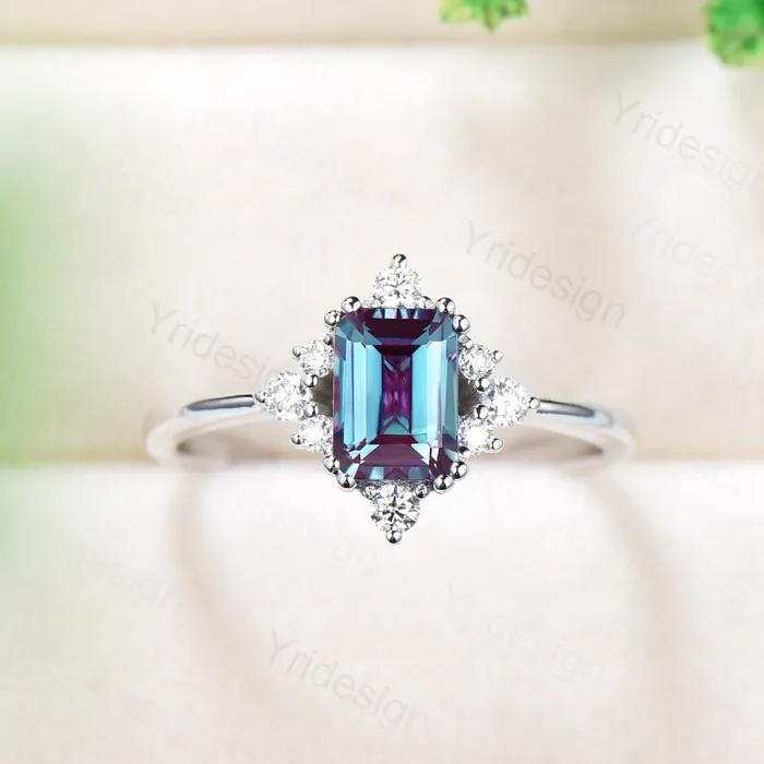 PENFINE Rings Elegant Emerald Cut Alexandrite Engagement Ring 14K White Gold Unique Vintage Alexandrite Moissanite Wedding Ring For Women June Birthstone PENFINE Rings Elegant Emerald Cut Alexandrite Engagement Ring 14K White Gold Unique Vintage Alexandrite Moissanite Wedding Ring For Women June Birthstone