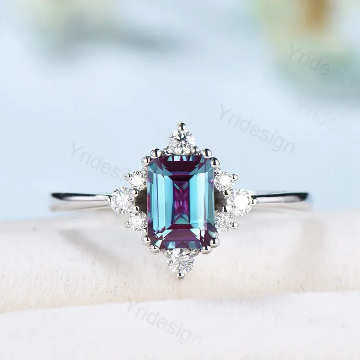 PENFINE Rings Elegant Emerald Cut Alexandrite Engagement Ring 14K White Gold Unique Vintage Alexandrite Moissanite Wedding Ring For Women June Birthstone PENFINE Rings Elegant Emerald Cut Alexandrite Engagement Ring 14K White Gold Unique Vintage Alexandrite Moissanite Wedding Ring For Women June Birthstone