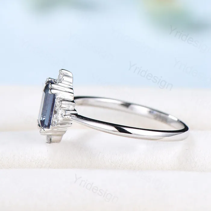 PENFINE Rings Elegant Emerald Cut Alexandrite Engagement Ring 14K White Gold Unique Vintage Alexandrite Moissanite Wedding Ring For Women June Birthstone PENFINE Rings Elegant Emerald Cut Alexandrite Engagement Ring 14K White Gold Unique Vintage Alexandrite Moissanite Wedding Ring For Women June Birthstone