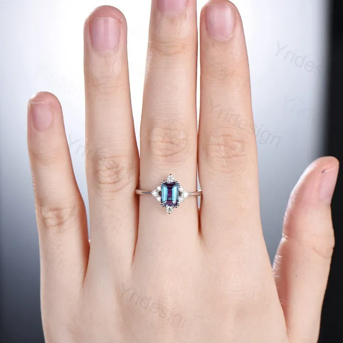 PENFINE Rings Elegant Emerald Cut Alexandrite Engagement Ring 14K White Gold Unique Vintage Alexandrite Moissanite Wedding Ring For Women June Birthstone PENFINE Rings Elegant Emerald Cut Alexandrite Engagement Ring 14K White Gold Unique Vintage Alexandrite Moissanite Wedding Ring For Women June Birthstone