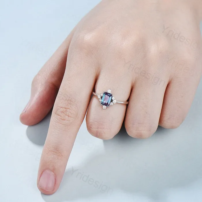 PENFINE Rings Elegant Emerald Cut Alexandrite Engagement Ring 14K White Gold Unique Vintage Alexandrite Moissanite Wedding Ring For Women June Birthstone PENFINE Rings Elegant Emerald Cut Alexandrite Engagement Ring 14K White Gold Unique Vintage Alexandrite Moissanite Wedding Ring For Women June Birthstone