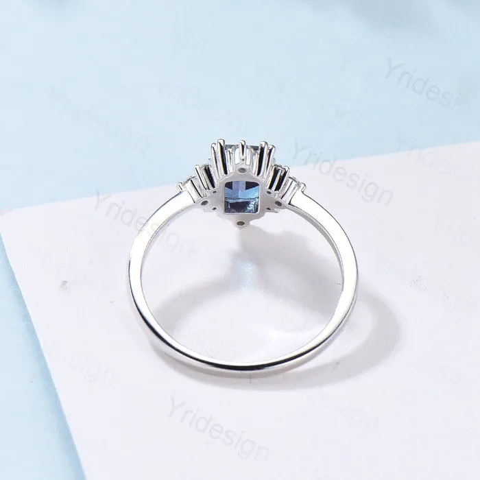 PENFINE Rings Elegant Emerald Cut Alexandrite Engagement Ring 14K White Gold Unique Vintage Alexandrite Moissanite Wedding Ring For Women June Birthstone PENFINE Rings Elegant Emerald Cut Alexandrite Engagement Ring 14K White Gold Unique Vintage Alexandrite Moissanite Wedding Ring For Women June Birthstone