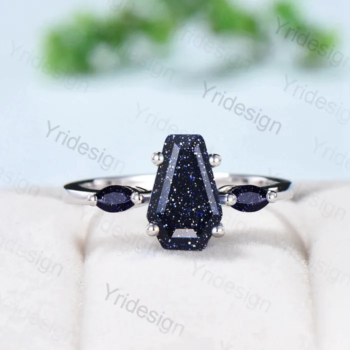PENFINE Rings Minimalist Coffin Shaped Blue Sandstone Ring Dainty Marquise Galaxy Star Shield Three Stone Goldstone Wedding Ring Proposal Gifts for Women PENFINE Rings Minimalist Coffin Shaped Blue Sandstone Ring Dainty Marquise Galaxy Star Shield Three Stone Goldstone Wedding Ring Proposal Gifts for Women