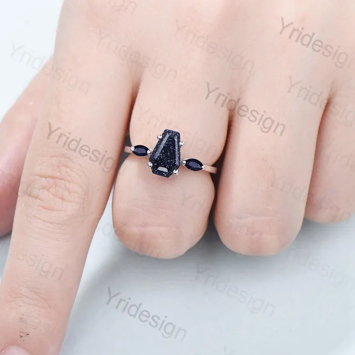 PENFINE Rings Minimalist Coffin Shaped Blue Sandstone Ring Dainty Marquise Galaxy Star Shield Three Stone Goldstone Wedding Ring Proposal Gifts for Women PENFINE Rings Minimalist Coffin Shaped Blue Sandstone Ring Dainty Marquise Galaxy Star Shield Three Stone Goldstone Wedding Ring Proposal Gifts for Women