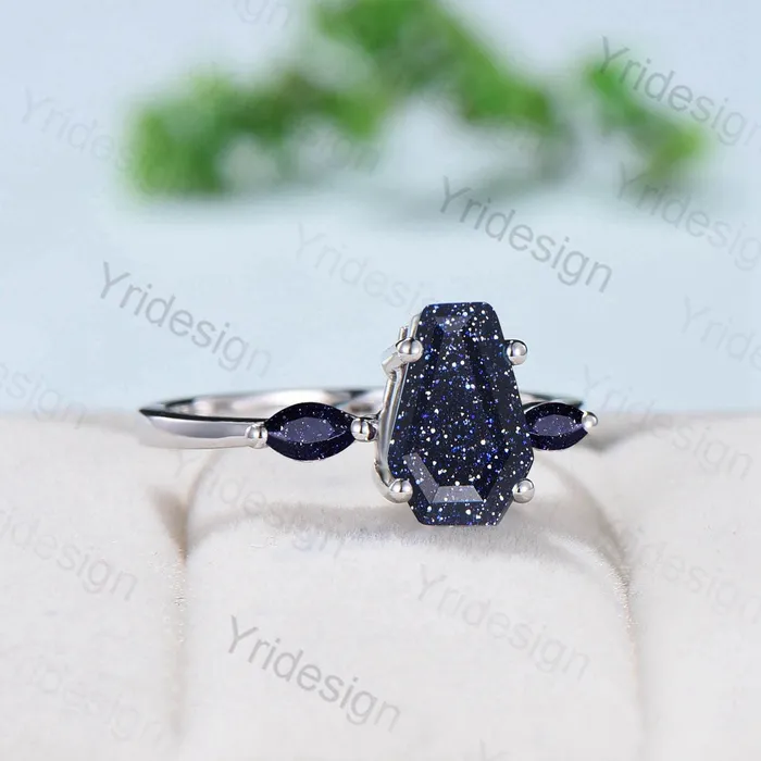 PENFINE Rings Minimalist Coffin Shaped Blue Sandstone Ring Dainty Marquise Galaxy Star Shield Three Stone Goldstone Wedding Ring Proposal Gifts for Women PENFINE Rings Minimalist Coffin Shaped Blue Sandstone Ring Dainty Marquise Galaxy Star Shield Three Stone Goldstone Wedding Ring Proposal Gifts for Women
