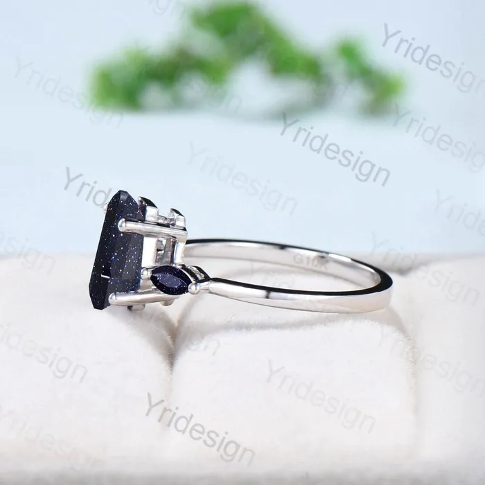 PENFINE Rings Minimalist Coffin Shaped Blue Sandstone Ring Dainty Marquise Galaxy Star Shield Three Stone Goldstone Wedding Ring Proposal Gifts for Women PENFINE Rings Minimalist Coffin Shaped Blue Sandstone Ring Dainty Marquise Galaxy Star Shield Three Stone Goldstone Wedding Ring Proposal Gifts for Women
