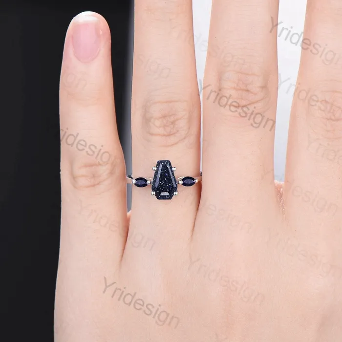 PENFINE Rings Minimalist Coffin Shaped Blue Sandstone Ring Dainty Marquise Galaxy Star Shield Three Stone Goldstone Wedding Ring Proposal Gifts for Women PENFINE Rings Minimalist Coffin Shaped Blue Sandstone Ring Dainty Marquise Galaxy Star Shield Three Stone Goldstone Wedding Ring Proposal Gifts for Women