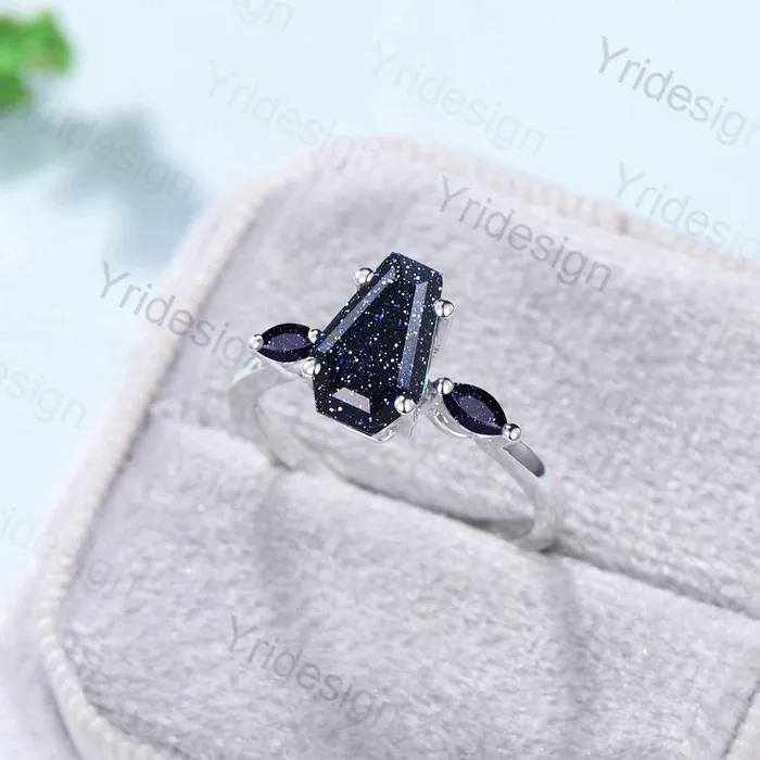 PENFINE Rings Minimalist Coffin Shaped Blue Sandstone Ring Dainty Marquise Galaxy Star Shield Three Stone Goldstone Wedding Ring Proposal Gifts for Women PENFINE Rings Minimalist Coffin Shaped Blue Sandstone Ring Dainty Marquise Galaxy Star Shield Three Stone Goldstone Wedding Ring Proposal Gifts for Women