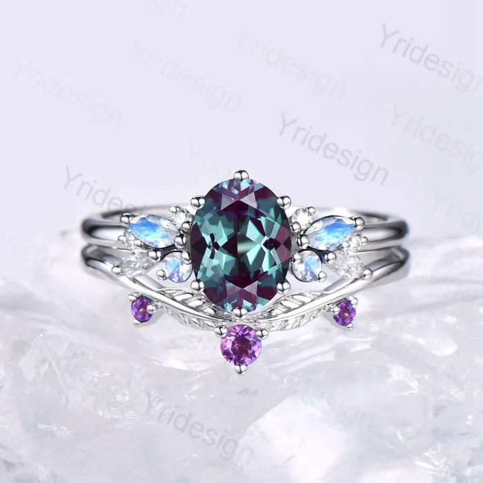 PENFINE Rings Unique Alexandrite Engagement Ring Set 14k White Gold Moonstone June Birthstone Wedding Set Leaf Amethyst Promise Stacking Band Bridal Set PENFINE Rings Unique Alexandrite Engagement Ring Set 14k White Gold Moonstone June Birthstone Wedding Set Leaf Amethyst Promise Stacking Band Bridal Set
