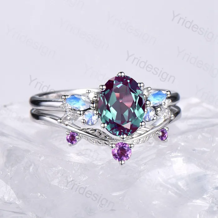 PENFINE Rings Unique Alexandrite Engagement Ring Set 14k White Gold Moonstone June Birthstone Wedding Set Leaf Amethyst Promise Stacking Band Bridal Set PENFINE Rings Unique Alexandrite Engagement Ring Set 14k White Gold Moonstone June Birthstone Wedding Set Leaf Amethyst Promise Stacking Band Bridal Set